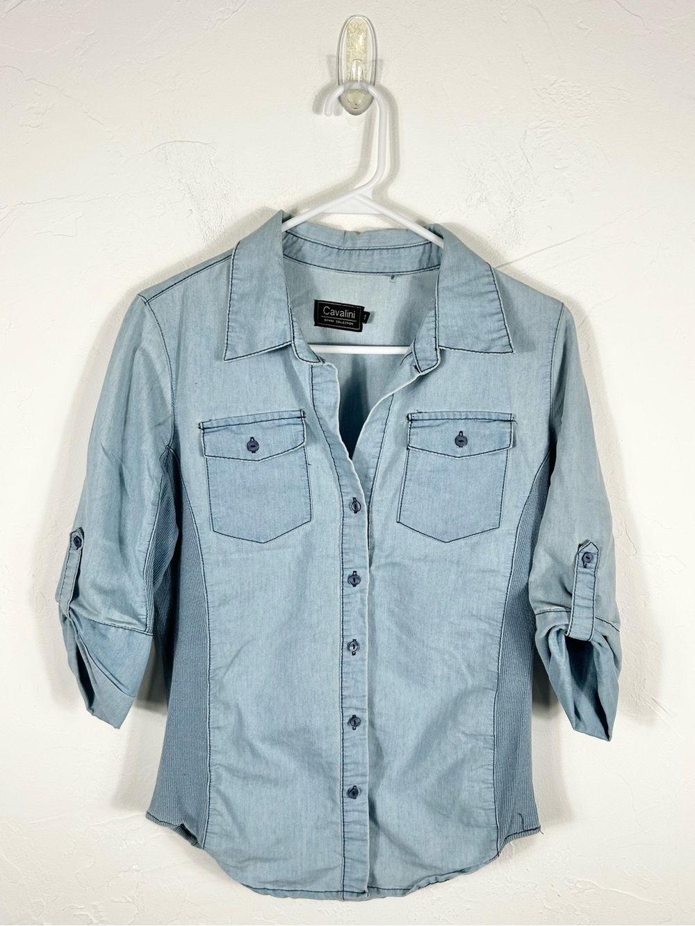Cavalini Denim Collection Light Wash Roll Tab 3/4 Sleeve Shirt Ribbed Sides